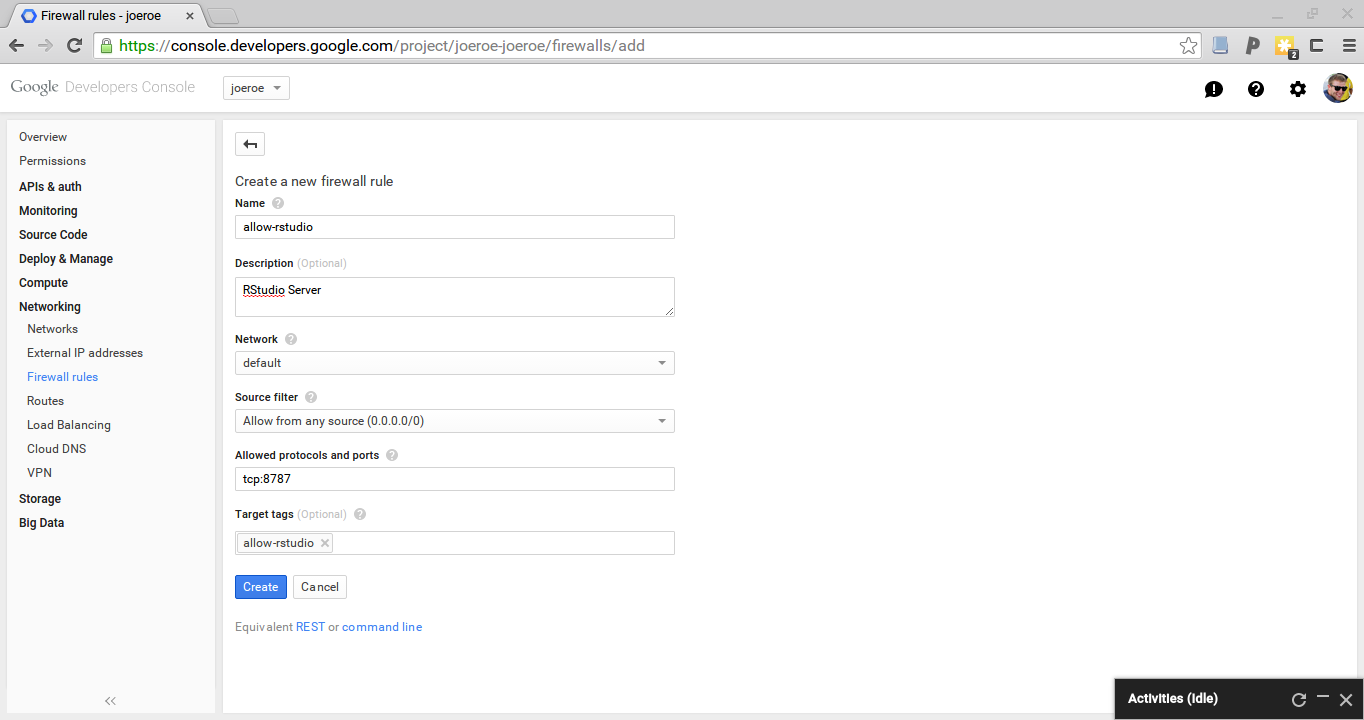 Adding a firewall rule to a Compute Engine project to allow access to RStudio Server, using the Developers Console