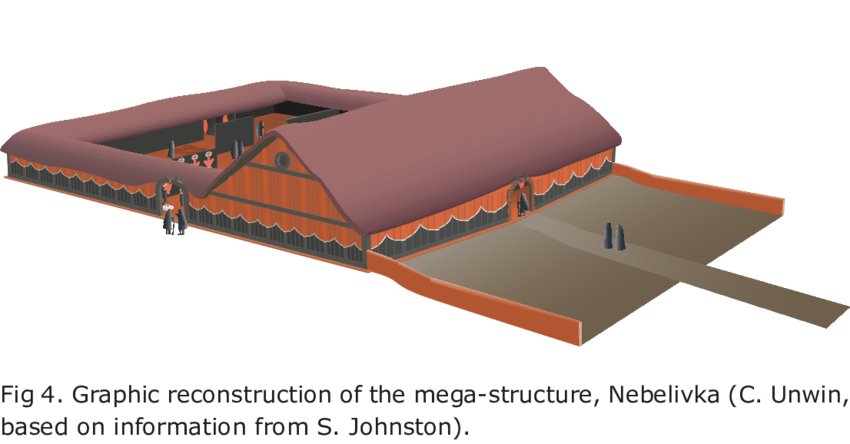 Artist's impression of the mega-structure at Nebelivka: an 'assembly house' consisting of a large, rectangular central building with two walled courtyards on either side.