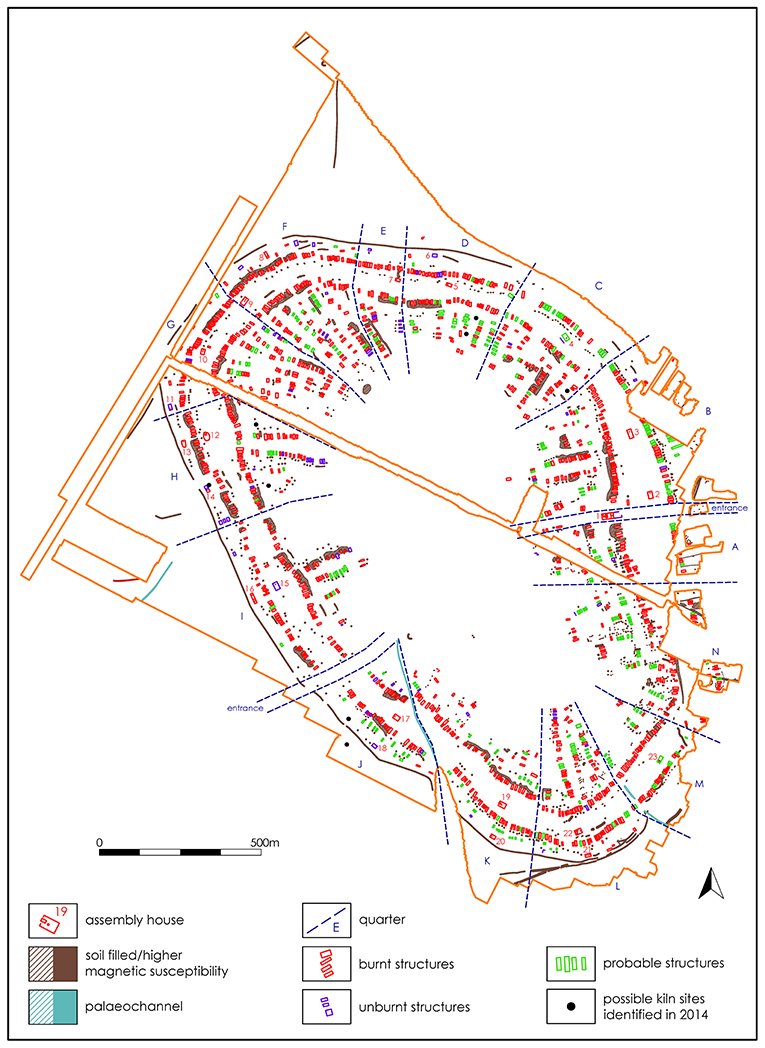 Plan of the Neolithic mega-site at Nebelivka extracted from geomagnetic imaging. It shows a very large circular settlement with hundreds of burnt structures, divided into 'quarters' divided by streets, each with a larger 'assembly house'.