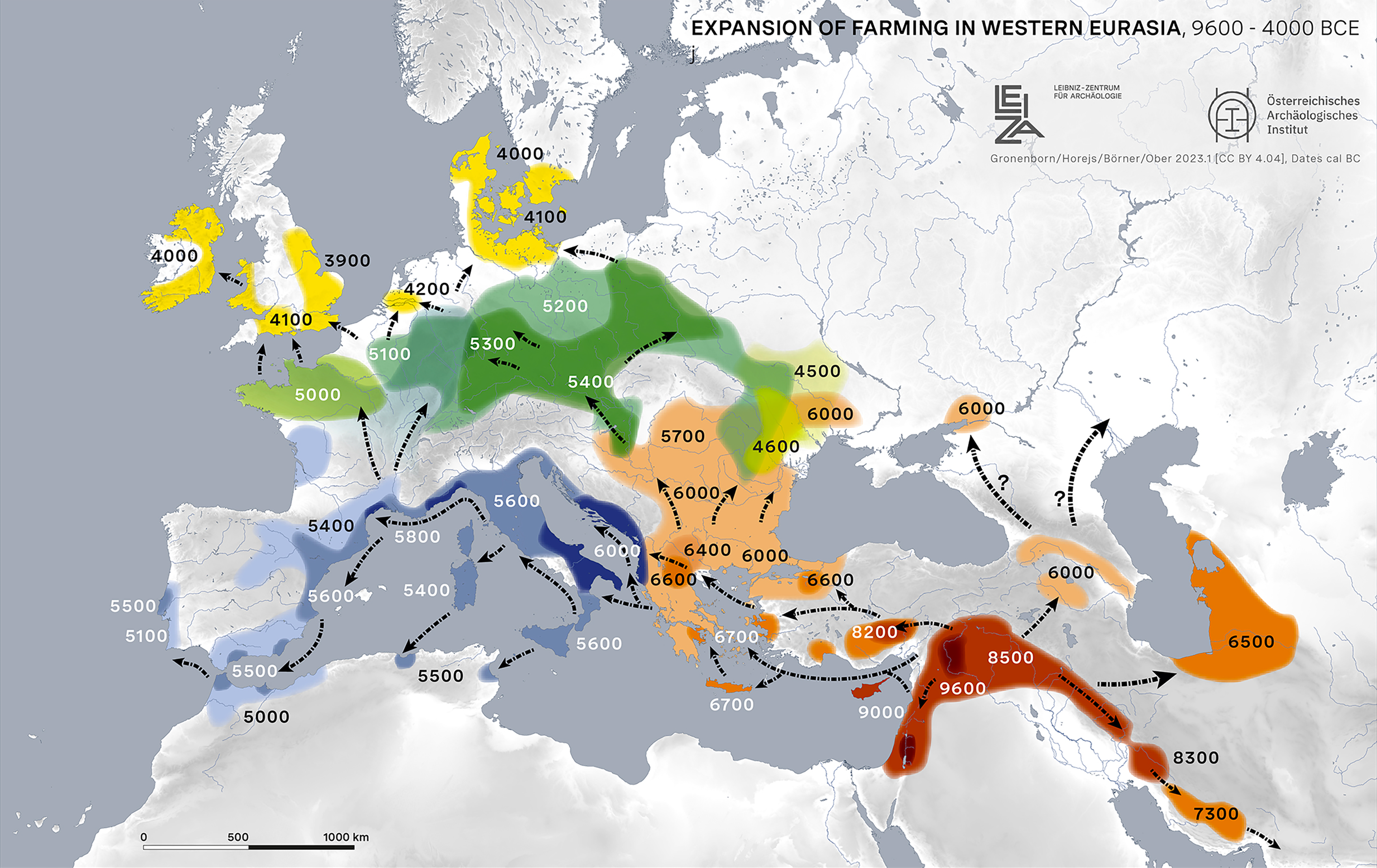 Map showing the spread of farming in Western Eurasia. Begins in the 'Fertile Crescent' of the Middle East around 9000 BCE; spreads to southeast Europe, the Caucasus and Persia by 6000 BCE; to Italy and southern Europe via a 'sea route' by 5500 BCE; to Central Europe via a 'land route' by 5000 BCE; and to the British Isles, Low Countries, and southern Scandinavia by 4000 BCE.