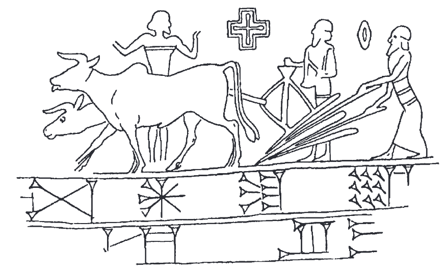 Ancient Mesopotamian depiction of an ox-drawn plough