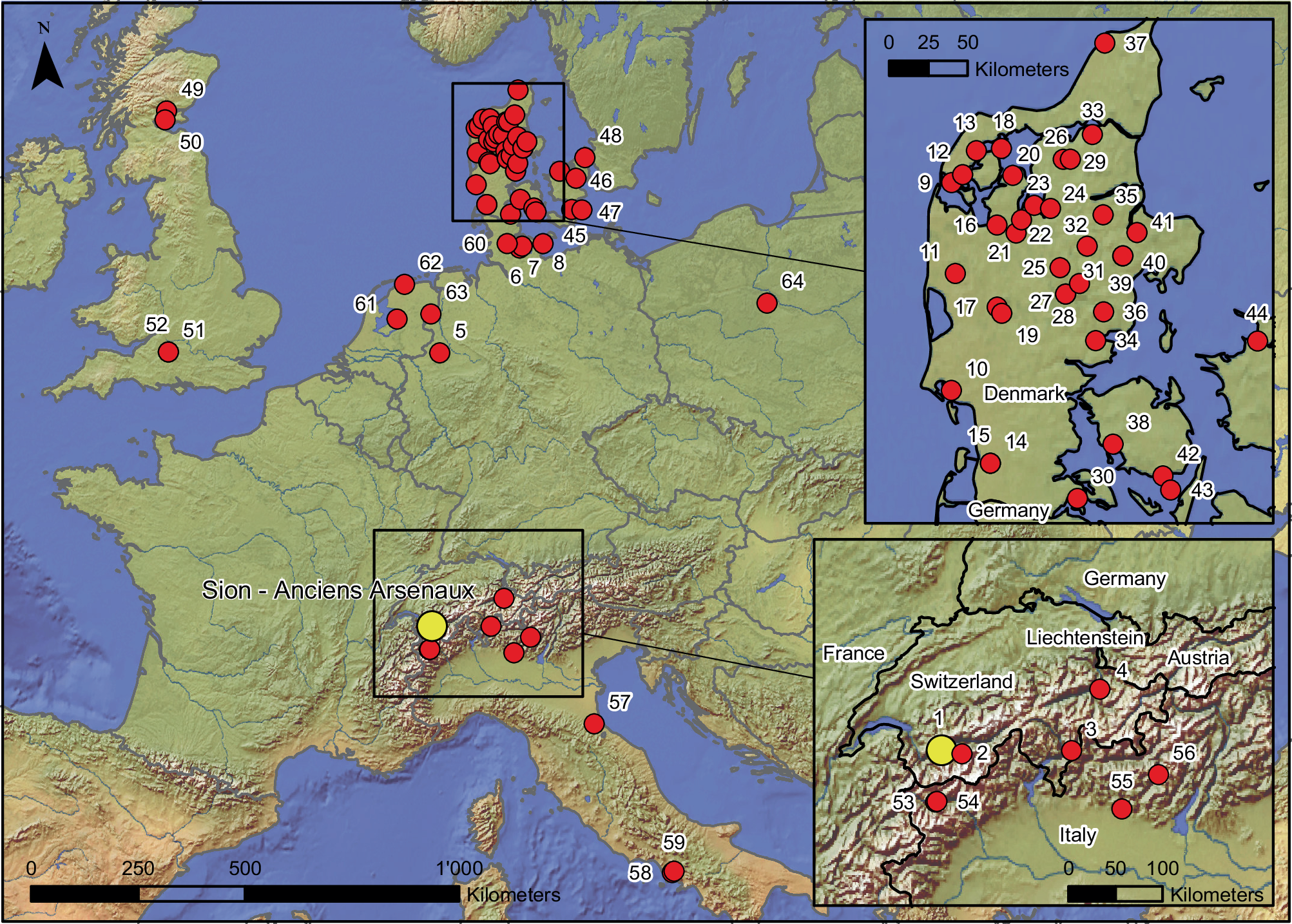 Map of Europe showing the location of archaeological sites with ancient ploughmarks. Points are concentrated in Denmark and Switzerland, with a smaller number in Great Britain, the Netherlands, Italy, and Poland.