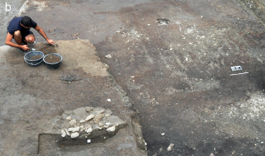 Photo showing an archaeologist working in a trench with faint parallel lines visible on the exposed surface
